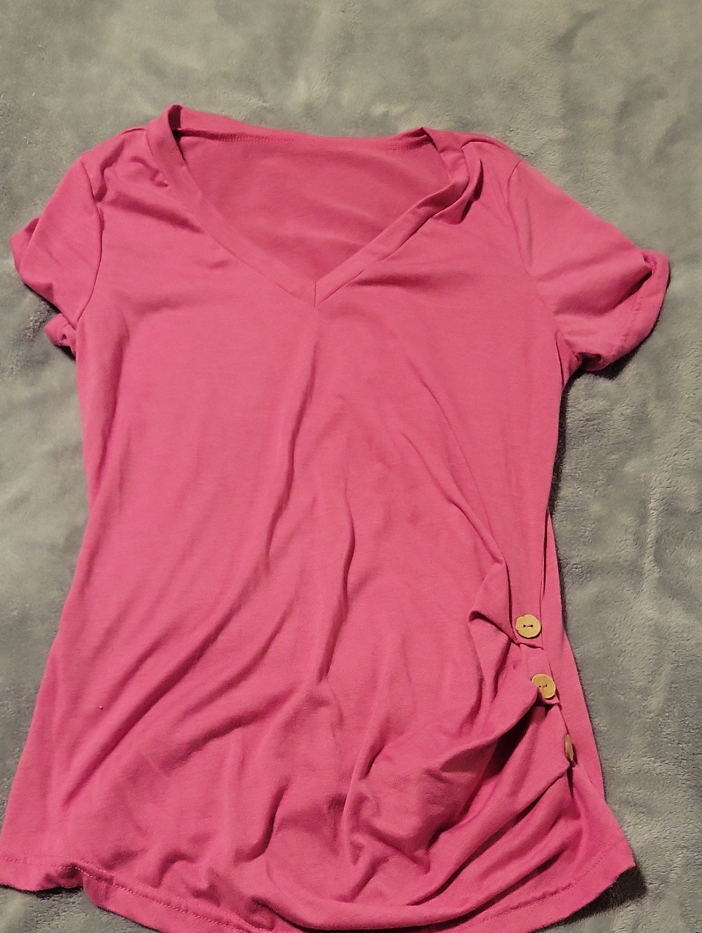 V-neck Short Sleeve Pink Women’s Top with Side Button Detail